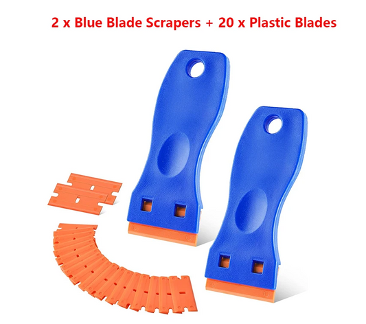 Plastic Razor Blade Scraper: Includes 2 Scraper Tools and 20 Blades for Gasket Removal, Label Decals, and Adhesive Removal for Windows and Glass, Blue